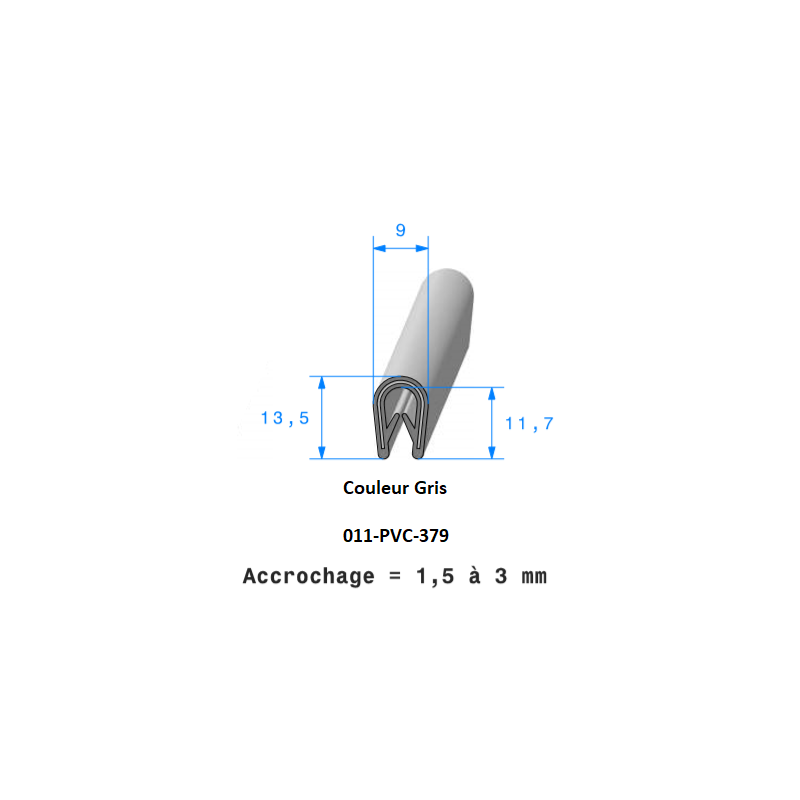 Profil 379 - Joint pince PVC armé gris - protection bord de tôle